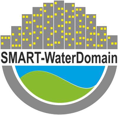 Logo projektu SMART Water Domain. Na gorze budynki, na dole woda i zieleń.