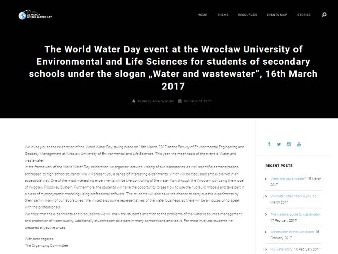 Światowy Dzień Wody na Uniwersytecie Przyrodniczym we Wrocławiu również na stronie World Water Day (źródło: www.worldwaterday.org, data: 16.03.2017 r.)