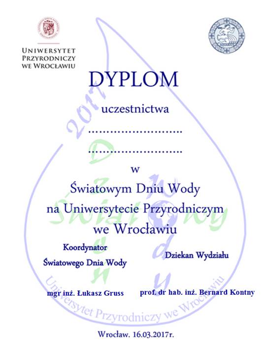 Dyplom uczestnictwa w obchodach Światowego Dnia Wody autorstwa Eweliny Kołodziejczyk i Karoliny Matuszewskiej